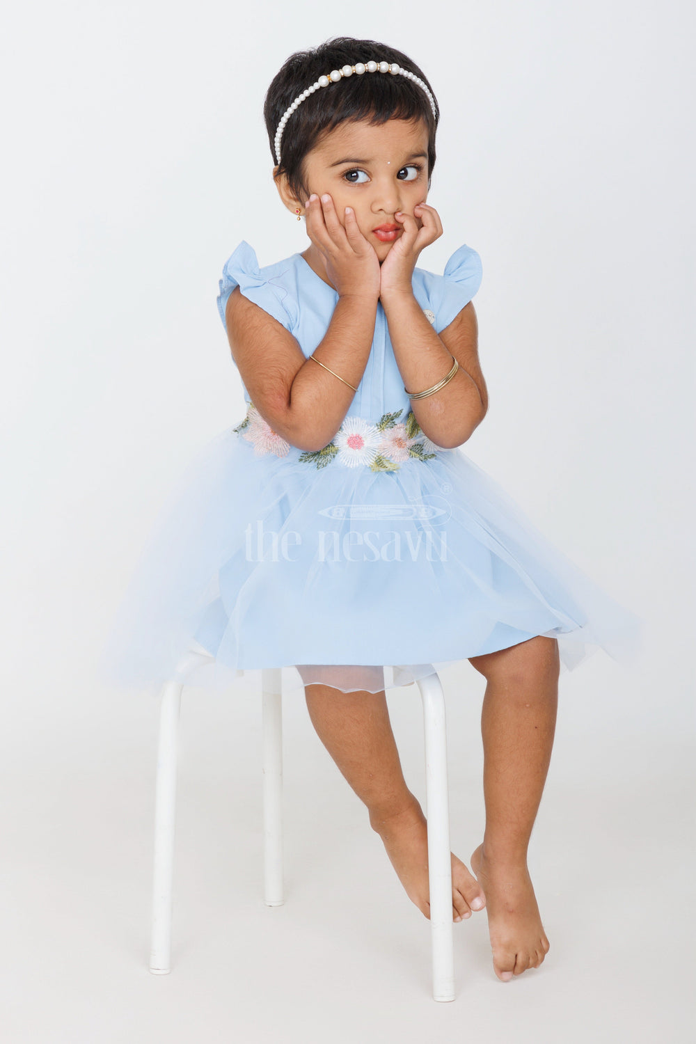 The Nesavu Girls Fancy Party Frock Baby Girls Blue Party Frock with Floral Embroidery and Tulle Overlay for Special Occasions Nesavu Nesavu Baby Girls Blue Frock Floral Embroidery Tulle Weddings Formal Events