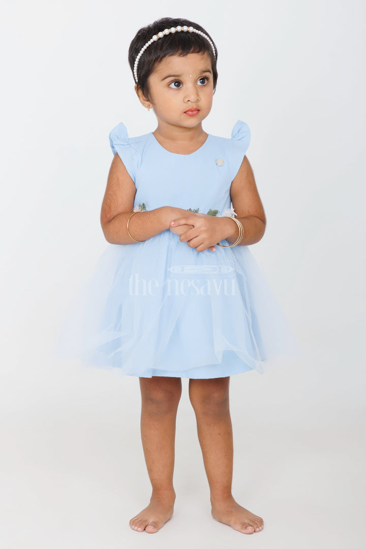 The Nesavu Girls Fancy Party Frock Baby Girls Blue Party Frock with Floral Embroidery and Tulle Overlay for Special Occasions Nesavu Nesavu Baby Girls Blue Frock Floral Embroidery Tulle Weddings Formal Events