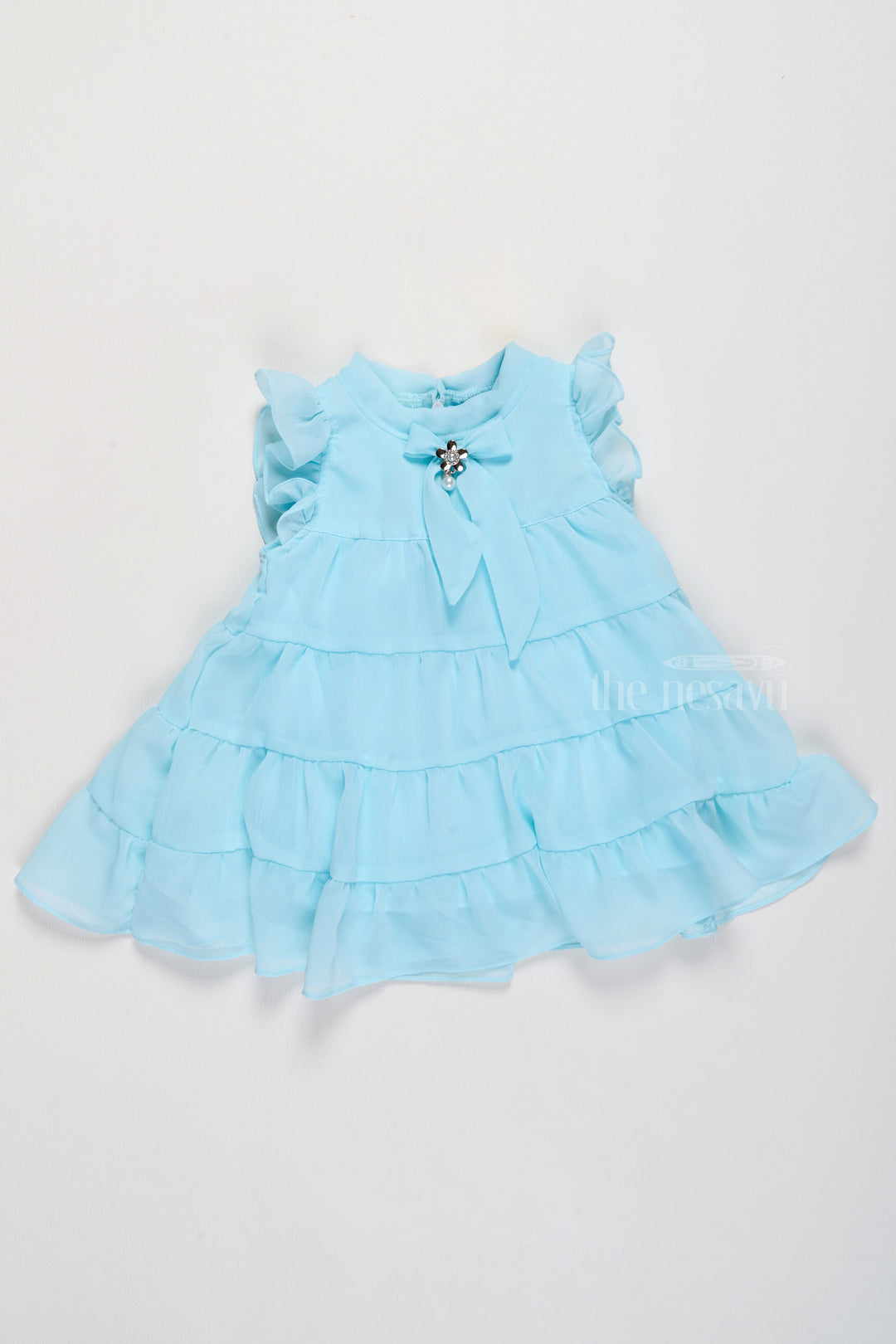 The Nesavu Girls Fancy Frock Baby Girls Clothes in Light Blue with Ruffled Layers and Bow Detail Nesavu 16 (1Y) / Blue GFC1505A-16 Nesavu Baby Girls Clothes Light Blue Ruffled Layers Elegant Pearl Bow Detail