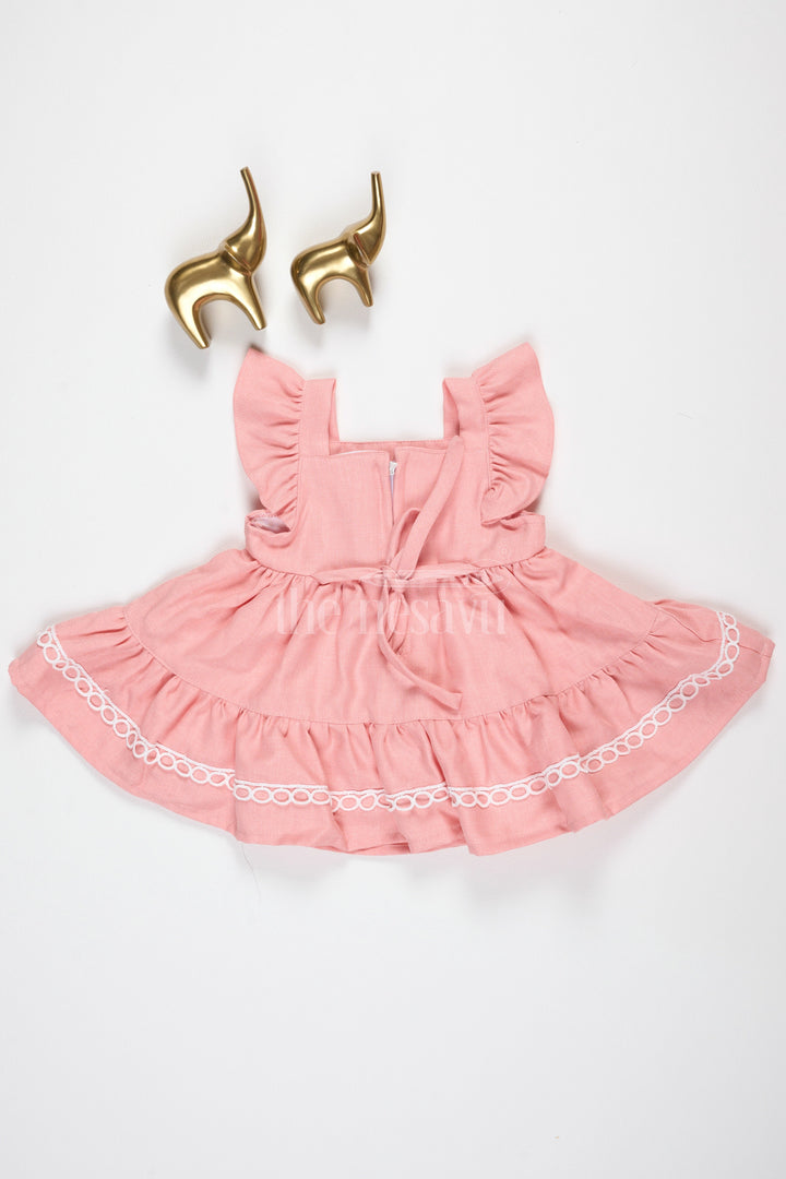 The Nesavu Baby Cotton Frocks Baby Girls Peach Cotton Frock with Ruffle Straps and Lace Trim for Birthday Celebrations Nesavu Nesavu Baby Girls Peach Cotton Frock Floral Embroidery Lace Trim Birthday Parties