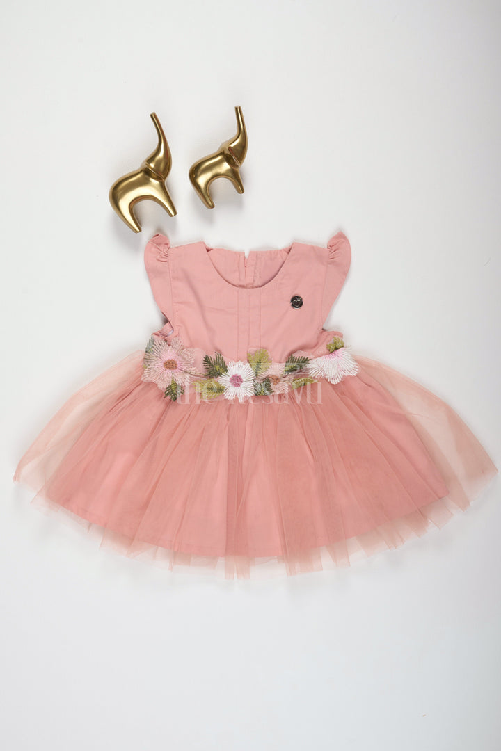 The Nesavu Girls Fancy Party Frock Baby Girls Peach Party Frock with Floral Embroidery and Tulle Skirt for Formal Gatherings Nesavu 14 (6M) / Peach BFJ635B-14 Nesavu Baby Girls Peach Frock Floral Embroidery Tulle Layers Weddings Family Events