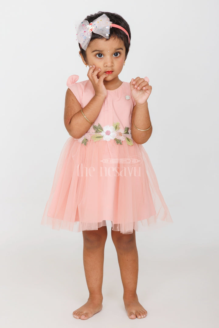 The Nesavu Girls Fancy Party Frock Baby Girls Peach Party Frock with Floral Embroidery and Tulle Skirt for Formal Gatherings Nesavu Nesavu Baby Girls Peach Frock Floral Embroidery Tulle Layers Weddings Family Events