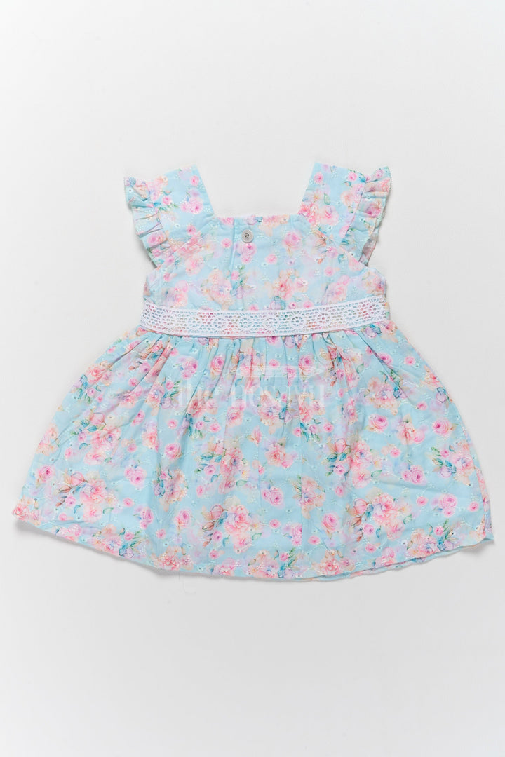 The Nesavu Baby Cotton Frocks Baby Hakoba Cotton Dress with Floral Print and Lace Detailing Nesavu 14 (6M) / Blue BFJ698B-14 Nesavu Baby Hakoba Cotton Dress Vibrant Floral Print Lace Detailing