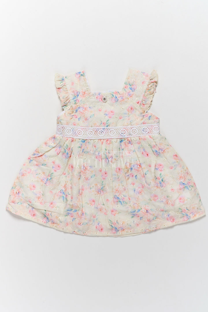 The Nesavu Baby Cotton Frocks Baby Hakoba Cotton Frock with Pastel Floral Patterns and Lace Waist Nesavu 14 (6M) / Cream BFJ698A-14 Nesavu Baby Hakoba Cotton Frock Pastel Floral Patterns Lace Waist