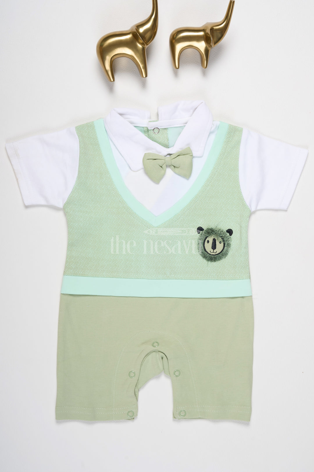 The Nesavu Baby Rompers/Onesies Baby Olive Green Romper with Panda Applique and Bow Tie for Casual Outings Nesavu 10 (NB) / Teal BCS151B-10 Nesavu Baby Olive Green Baby Romper Panda Applique Bow Tie Playdates Family Outings