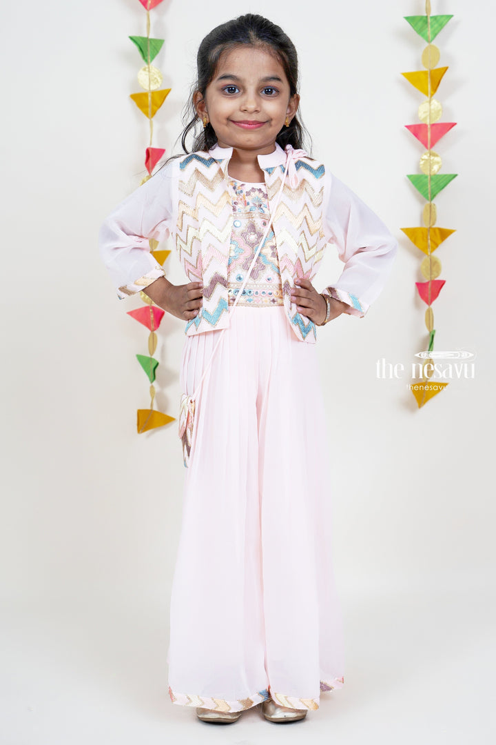 The Nesavu Girls Ethnic Jumpsuit Baby Pink Sequenced Embroider Designer Festive Wear For Girls Nesavu 16 (1Y) / Pink GPS095A-16 Baby Pink Embroidery Festive Wear 2022 | Girls Palazzo Suit Ideas | The Nesavu