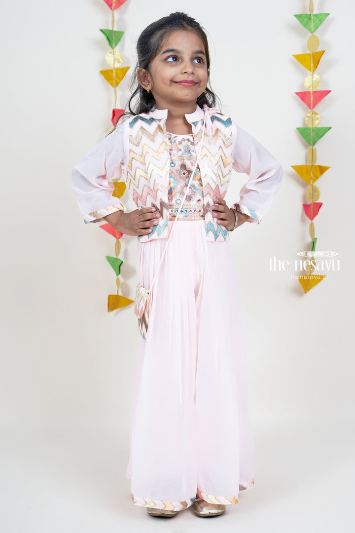 The Nesavu Girls Ethnic Jumpsuit Baby Pink Sequenced Embroider Designer Festive Wear For Girls Nesavu Baby Pink Embroidery Festive Wear 2022 | Girls Palazzo Suit Ideas | The Nesavu