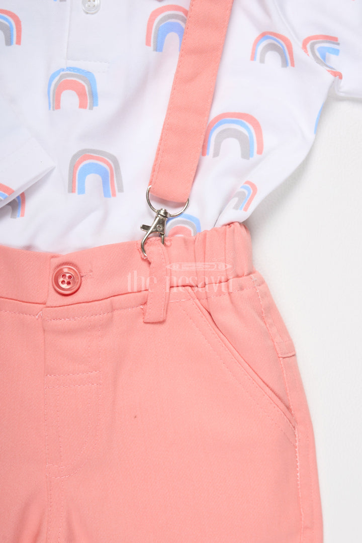 The Nesavu Baby Dungarees Baby Pink Trousers with Rainbow Print Shirt and Suspenders for Playful Semi-Formal Look Nesavu Nesavu Baby Rainbow Print Shirt Pink Trousers Suspenders Playful Semi-Formal Outings