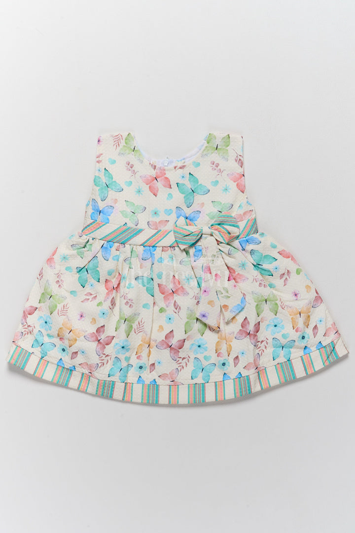 The Nesavu Baby Fancy Frock Baby Polysilk Cotton Frock Dress with Butterfly Prints and Striped Bow Accent Nesavu 14 (6M) / Beige BFJ697A-14 Nesavu Baby Polysilk Cotton Frock Dress Butterfly Prints Striped Bow Accent