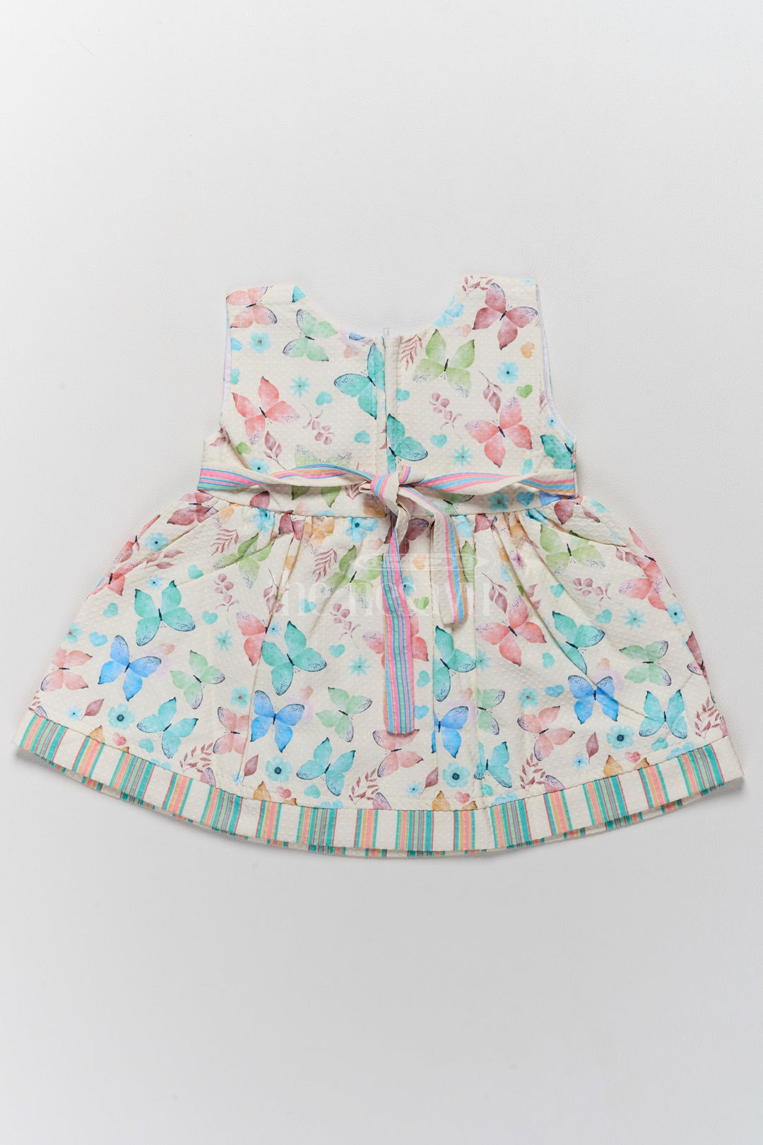 The Nesavu Baby Fancy Frock Baby Polysilk Cotton Frock Dress with Butterfly Prints and Striped Bow Accent Nesavu Nesavu Baby Polysilk Cotton Frock Dress Butterfly Prints Striped Bow Accent