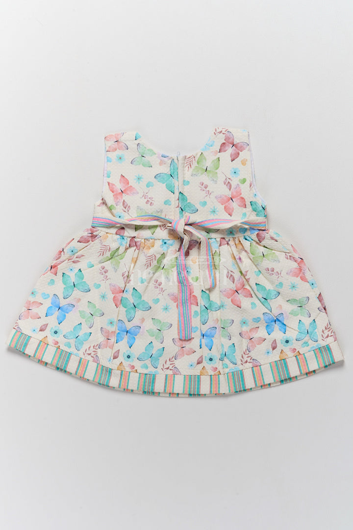 The Nesavu Baby Fancy Frock Baby Polysilk Cotton Frock Dress with Butterfly Prints and Striped Bow Accent Nesavu Nesavu Baby Polysilk Cotton Frock Dress Butterfly Prints Striped Bow Accent