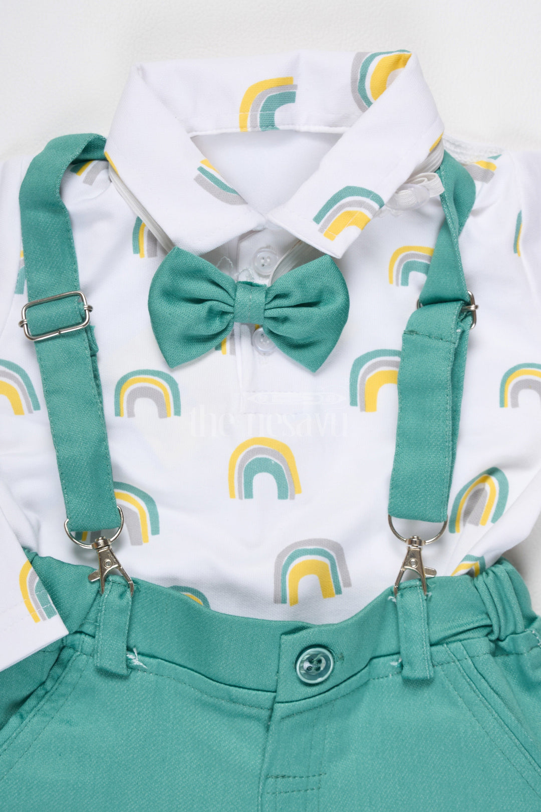 The Nesavu Baby Dungarees Baby Teal Trousers and Rainbow Print Shirt with Suspenders for Fun Casual Look Nesavu Nesavu Baby Teal Trousers Rainbow Print Shirt Suspenders Fun Semi-Formal Events