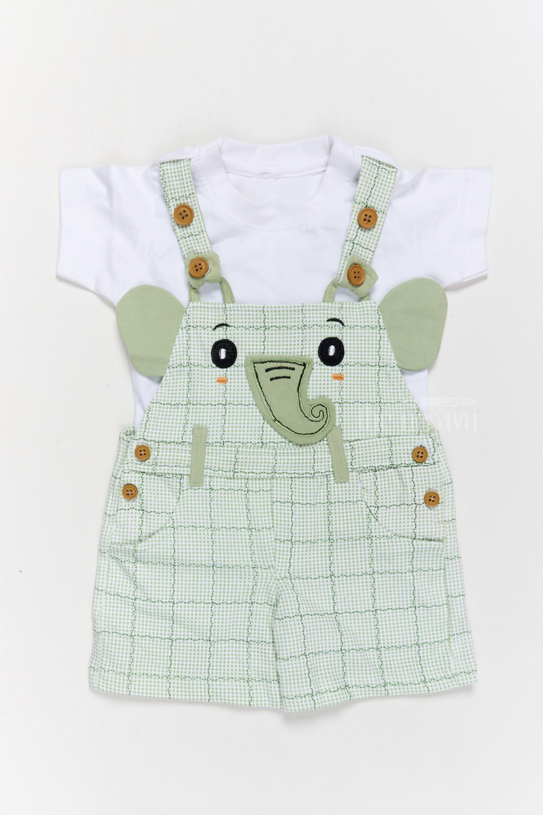 The Nesavu Baby Casual Sets Babydoll Casual Dress Green Checked Elephant Applique Cotton Dungaree Set Nesavu 14 (6M) / Green BCS180B-14 Nesavu Babydoll Casual Dress Green Checked Dungaree Set Elephant Applique