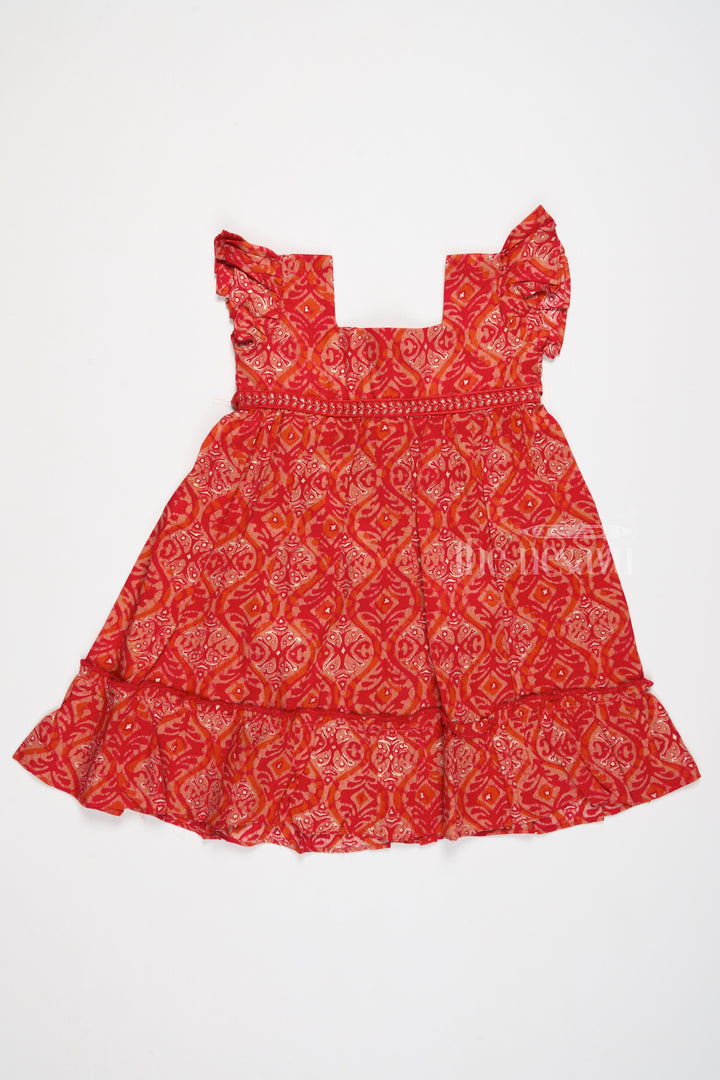 The Nesavu Girls Cotton Frock Babyhug Cotton Frock in Red with Intricate Patterns and Ruffled Hem Nesavu Nesavu Babyhug Cotton Frock Red Ruffled Hem Elegant Patterns