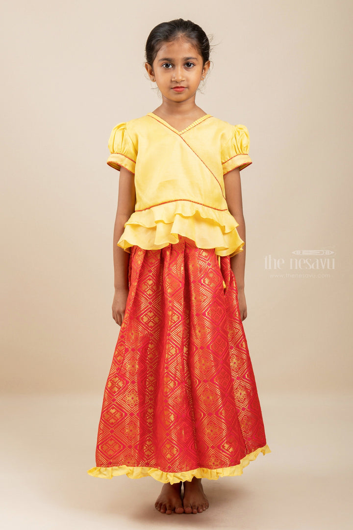 The Nesavu Pattu Pavadai Banaras Red Brocade Silk Langa With Bright Yellow Designer Ethnic Top Nesavu Pattu Langa voni Girl Baby | New Silk Pavada designs | the Nesavu