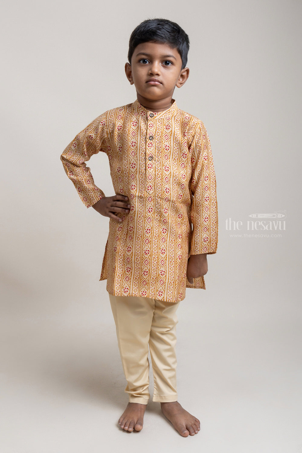 The Nesavu Boys Kurtha Set Beautiful Beige Tribal Printed Kurta And Solid Beige Pant For Boys Nesavu 14 (6M) / Beige / Modal BES317A Make a Statement with The Nesavu's Fashionable Ethnic Wear for Boys | The Nesavu