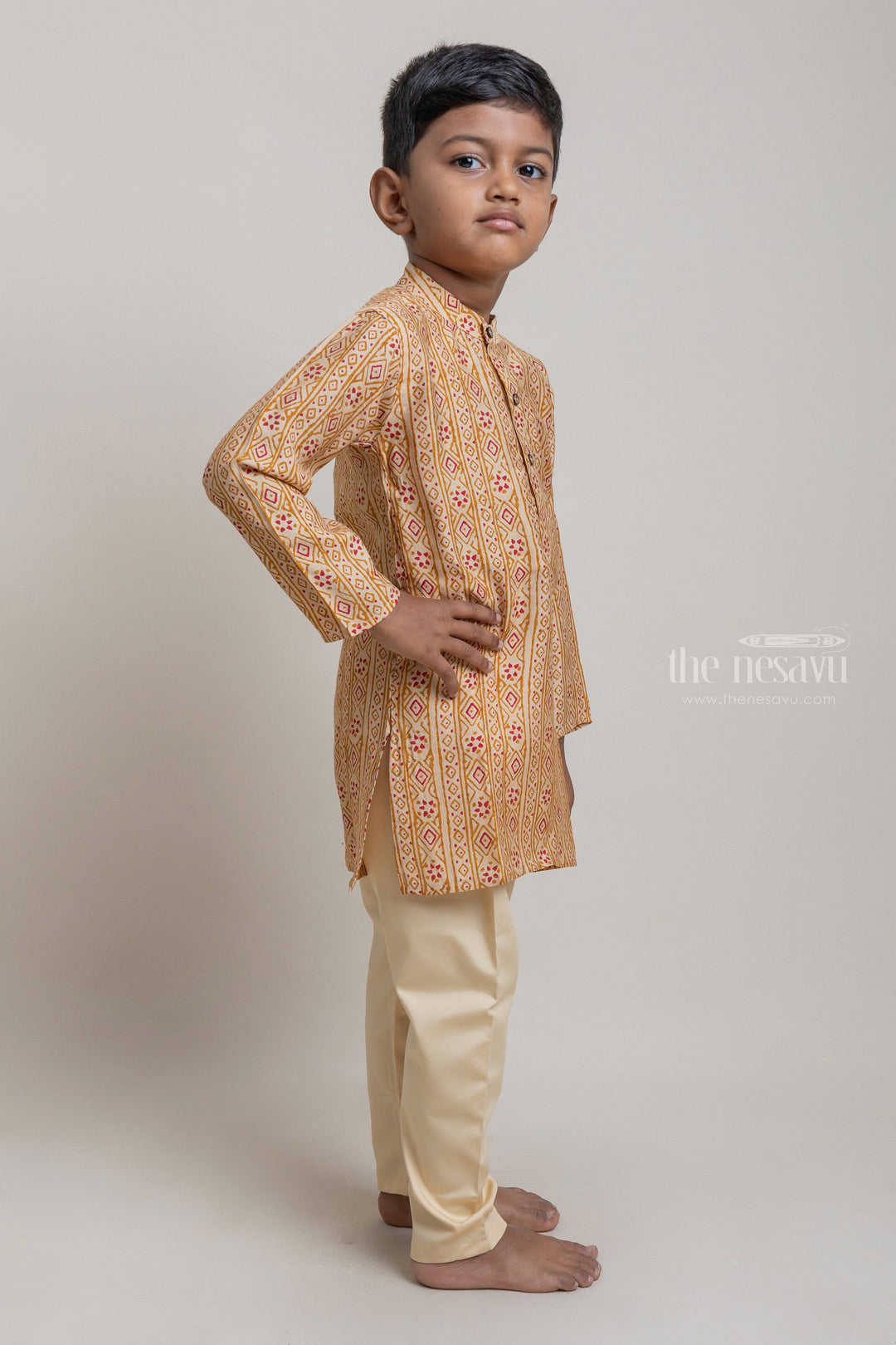 The Nesavu Boys Kurtha Set Beautiful Beige Tribal Printed Kurta And Solid Beige Pant For Boys Nesavu Make a Statement with The Nesavu's Fashionable Ethnic Wear for Boys | The Nesavu