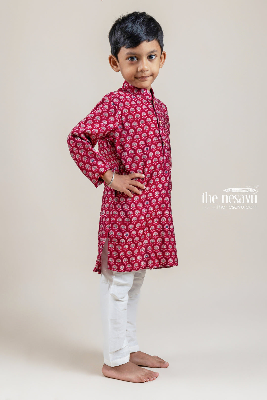 The Nesavu Boys Kurtha Set Beautiful Deeppink Floral Printed Kurta With Half White Pant For Boys Nesavu 14 (6M) / Pink / Modal BES331A-14 Kurta Suit Online For Boys | Pink Kurta Set | The Nesavu