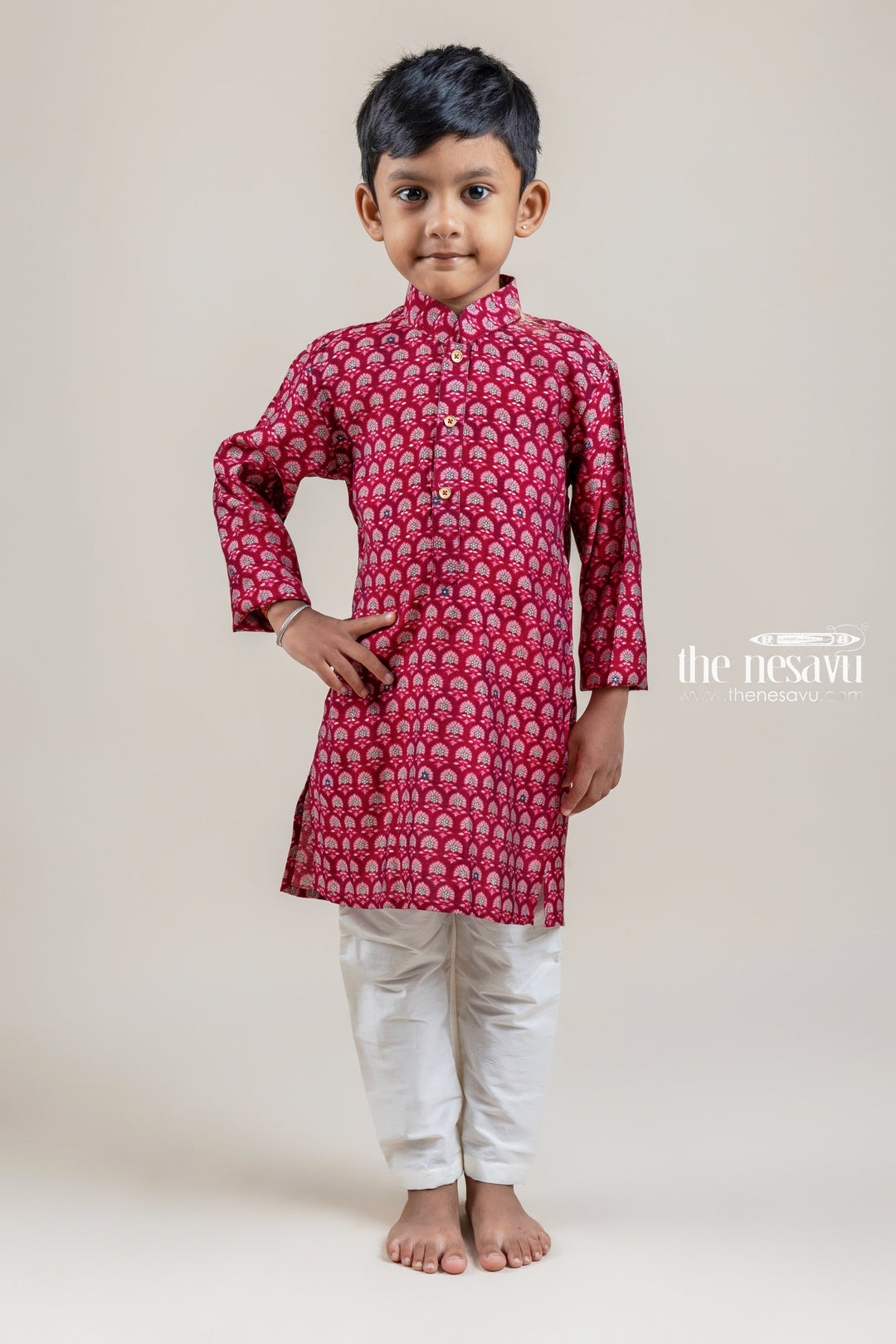 The Nesavu Boys Kurtha Set Beautiful Deeppink Floral Printed Kurta With Half White Pant For Boys Nesavu Kurta Suit Online For Boys | Pink Kurta Set | The Nesavu