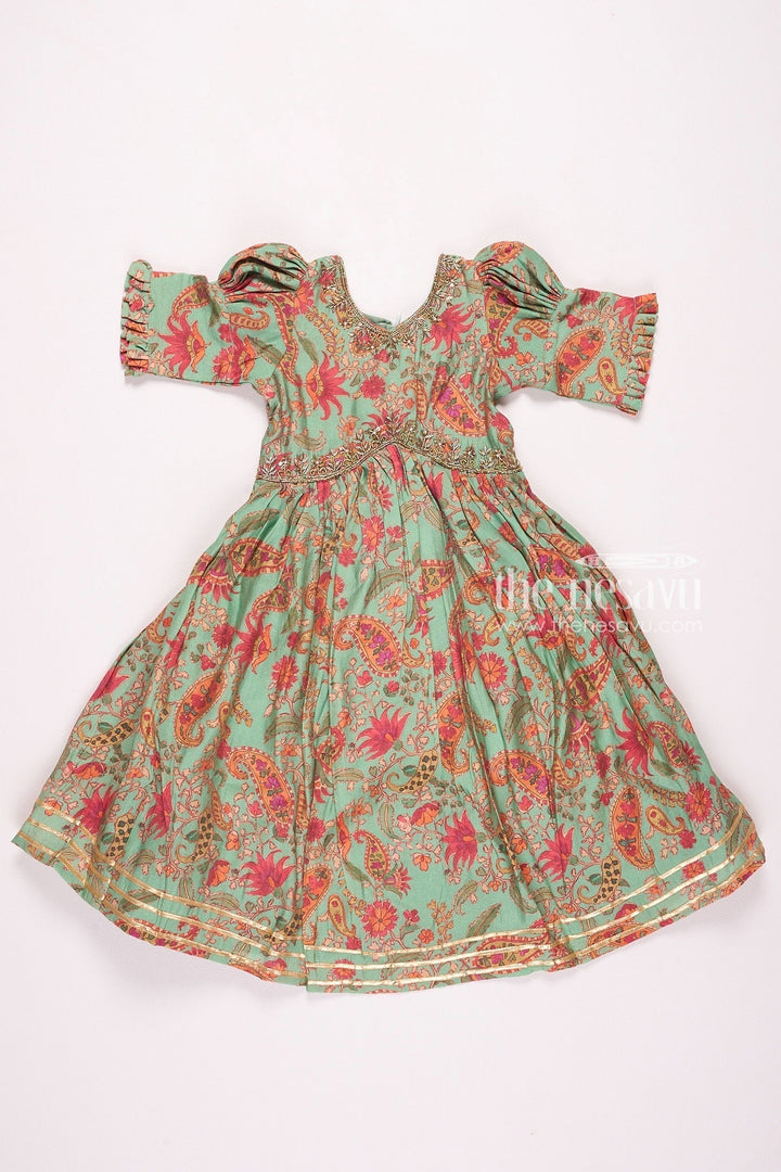 The Nesavu Girls Party Gown Beautiful Green Floral Muslin Silk Party Gown for Girls Nesavu 16 (1Y) / Green GA228C-16 Beautiful Green Floral Muslin Silk Party Gown for Girls - Stylish & Comfortable
