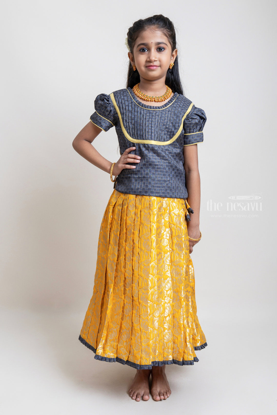 Beautiful Traditional Brown Silk Blouse With Yellow Banarasi Jacquard Pleated Designer Pattu Pavadai For Girls