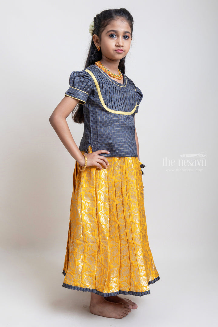 The Nesavu Pattu Pavadai Beautiful Traditional Brown Silk Blouse With Yellow Banarasi Jacquard Pleated Designer Pattu Pavadai For Girls Nesavu 22 (4Y) / Yellow / Jacquard GPP254E-22 Silk Pavada For Girls | Premium Silk Frock Onine | The Nesavu