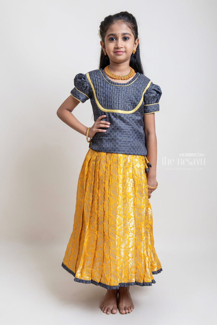 The Nesavu Pattu Pavadai Beautiful Traditional Brown Silk Blouse With Yellow Banarasi Jacquard Pleated Designer Pattu Pavadai For Girls Nesavu 22 (4Y) / Yellow / Jacquard GPP254E-22 Silk Pavada For Girls | Premium Silk Frock Onine | The Nesavu