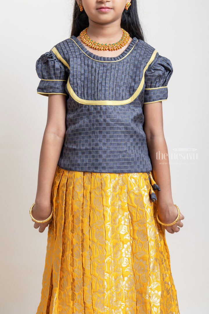 The Nesavu Pattu Pavadai Beautiful Traditional Brown Silk Blouse With Yellow Banarasi Jacquard Pleated Designer Pattu Pavadai For Girls Nesavu 22 (4Y) / Yellow / Jacquard GPP254E-22 Silk Pavada For Girls | Premium Silk Frock Onine | The Nesavu