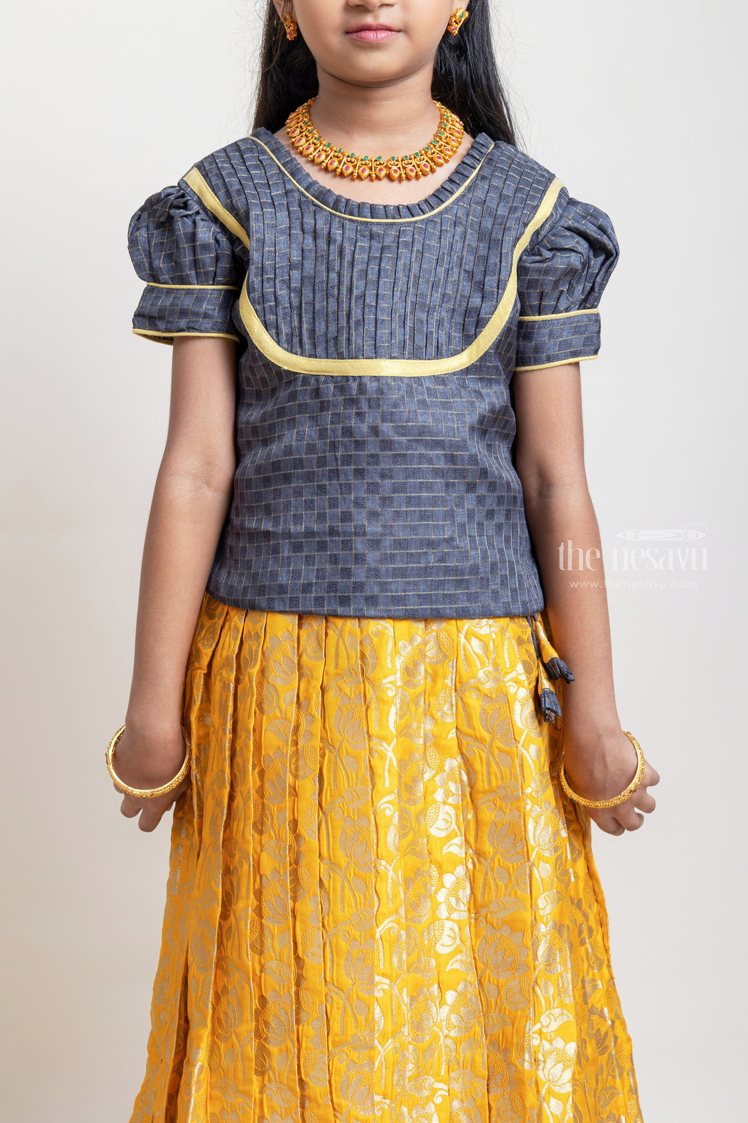 Beautiful Traditional Brown Silk Blouse With Yellow Banarasi Jacquard Pleated Designer Pattu Pavadai For Girls