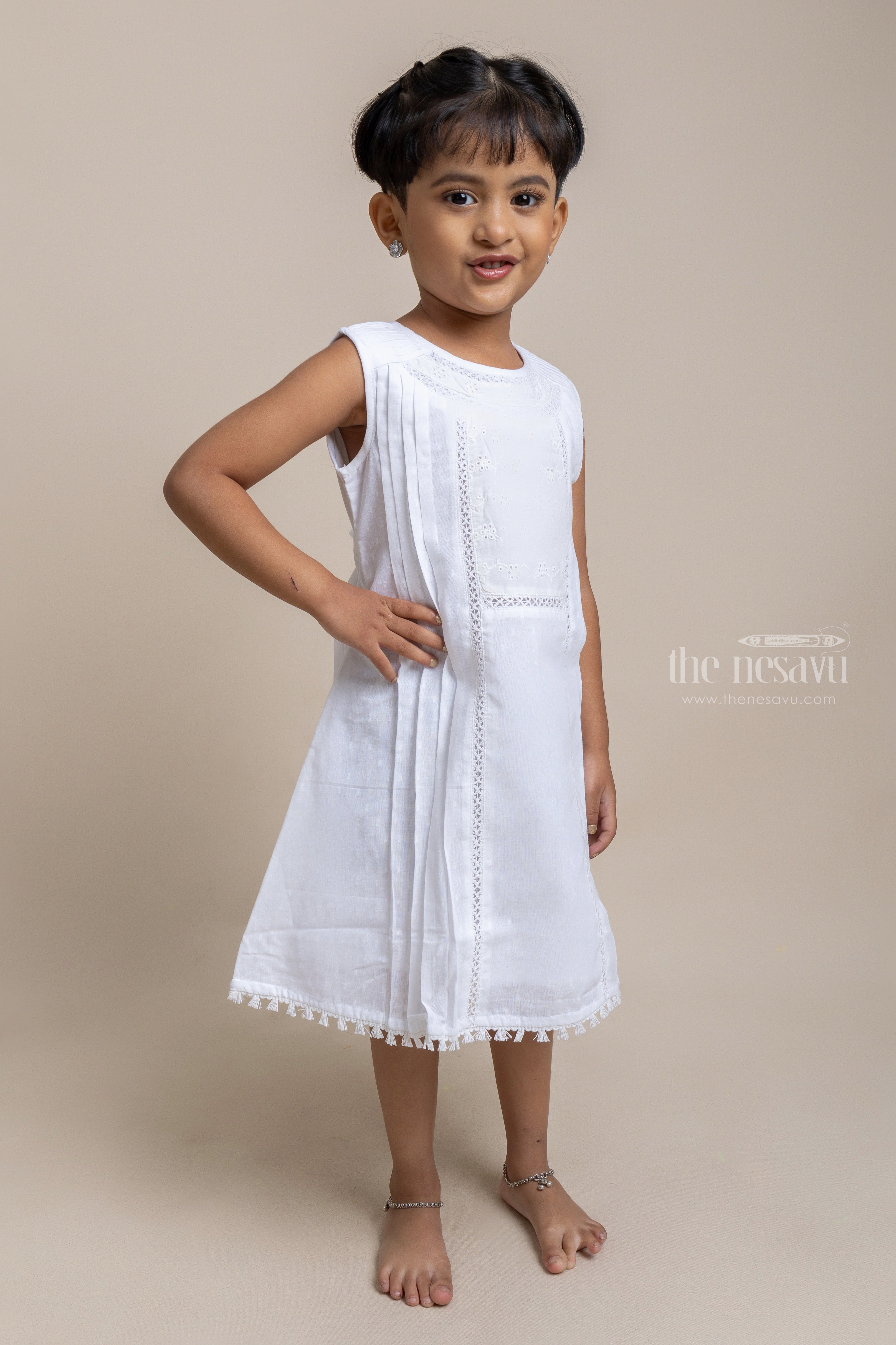 Off-white Shade Pleated Handwork Baby-Girls Sleeveless Frock – Stanwells  Kids