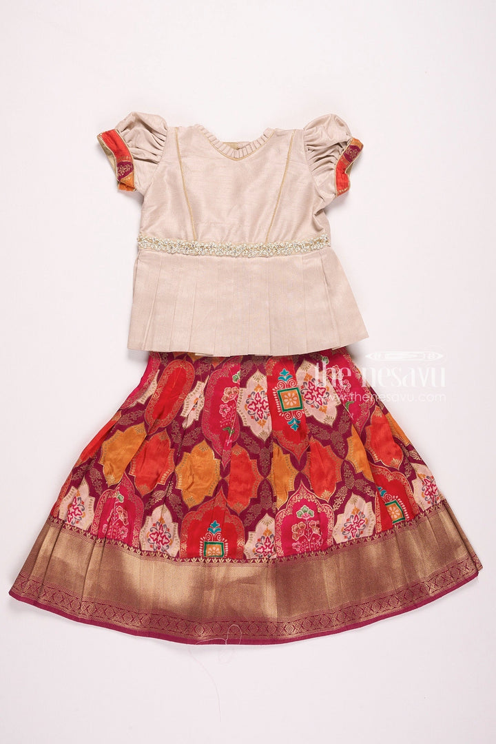 The Nesavu Pattu Pavadai Beige and Orange Designer Printed Silk Pattu Pavadai for Girls Nesavu 16 (1Y) / Beige GPP316A-16 Beige and Orange Designer Printed Viscose Silk Lehenga Choli with Log Jacket for Girls - Festive & Stylish