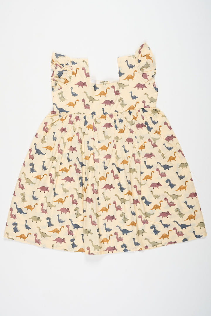 The Nesavu Baby Cotton Frocks Beige Baby Cotton Frock with Dinosaur Print and Ruffled Sleeves Ideal for Playful Outings Nesavu 10 (NB) / Beige BFJ680A-10 Nesavu Beige Baby Cotton Frock Dinosaur Print Cute Comfortable Kids Wear