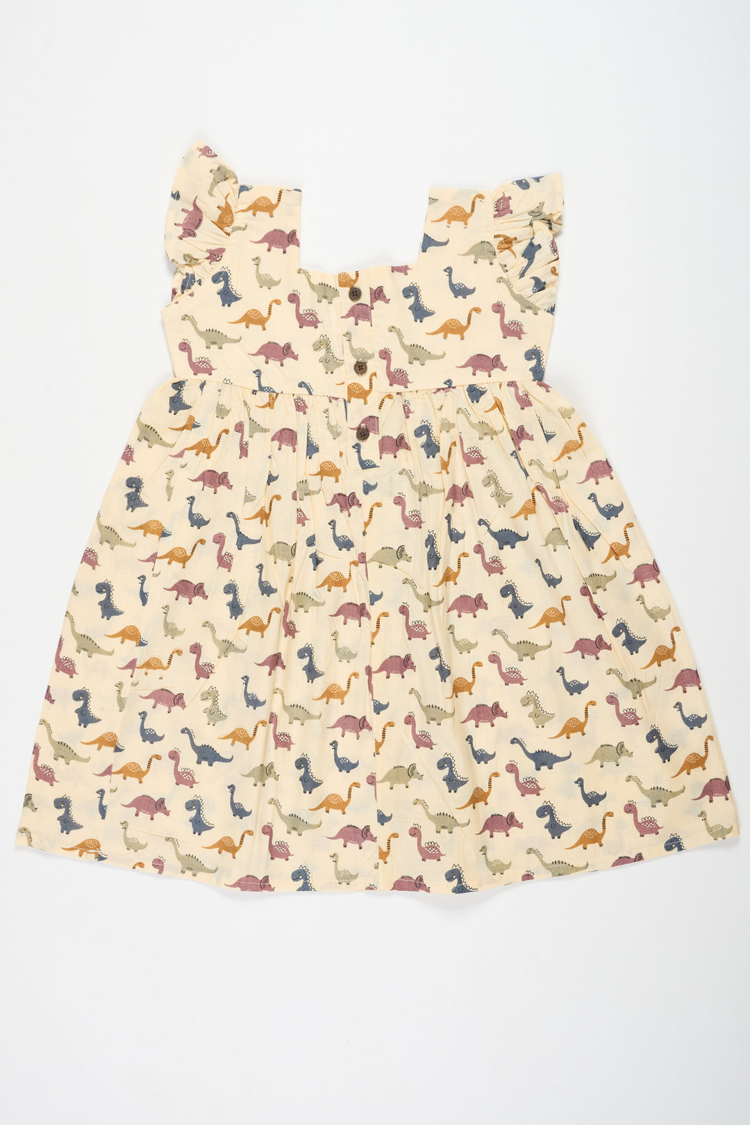 The Nesavu Baby Cotton Frocks Beige Baby Cotton Frock with Dinosaur Print and Ruffled Sleeves Ideal for Playful Outings Nesavu Nesavu Beige Baby Cotton Frock Dinosaur Print Cute Comfortable Kids Wear