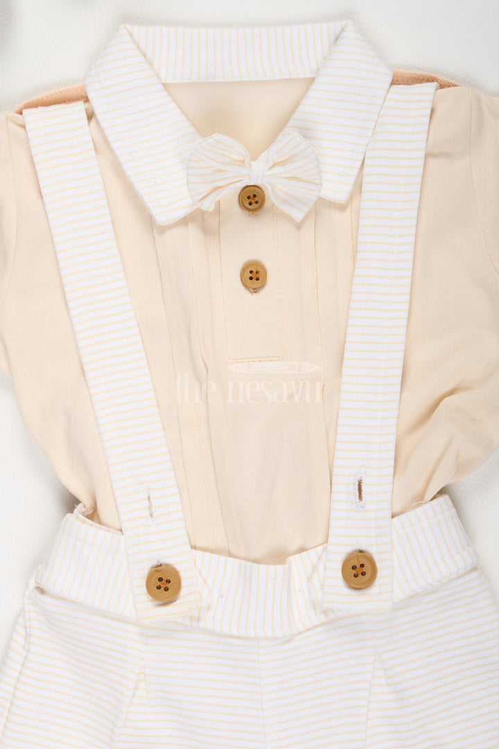 The Nesavu Baby Dungarees Beige Baby Suspender Set with Bow Tie and Matching Striped Shorts for Boys Nesavu Beige Baby Suspender Set Bow Tie Striped Shorts Nesavu Formal Boys Dress Outfit