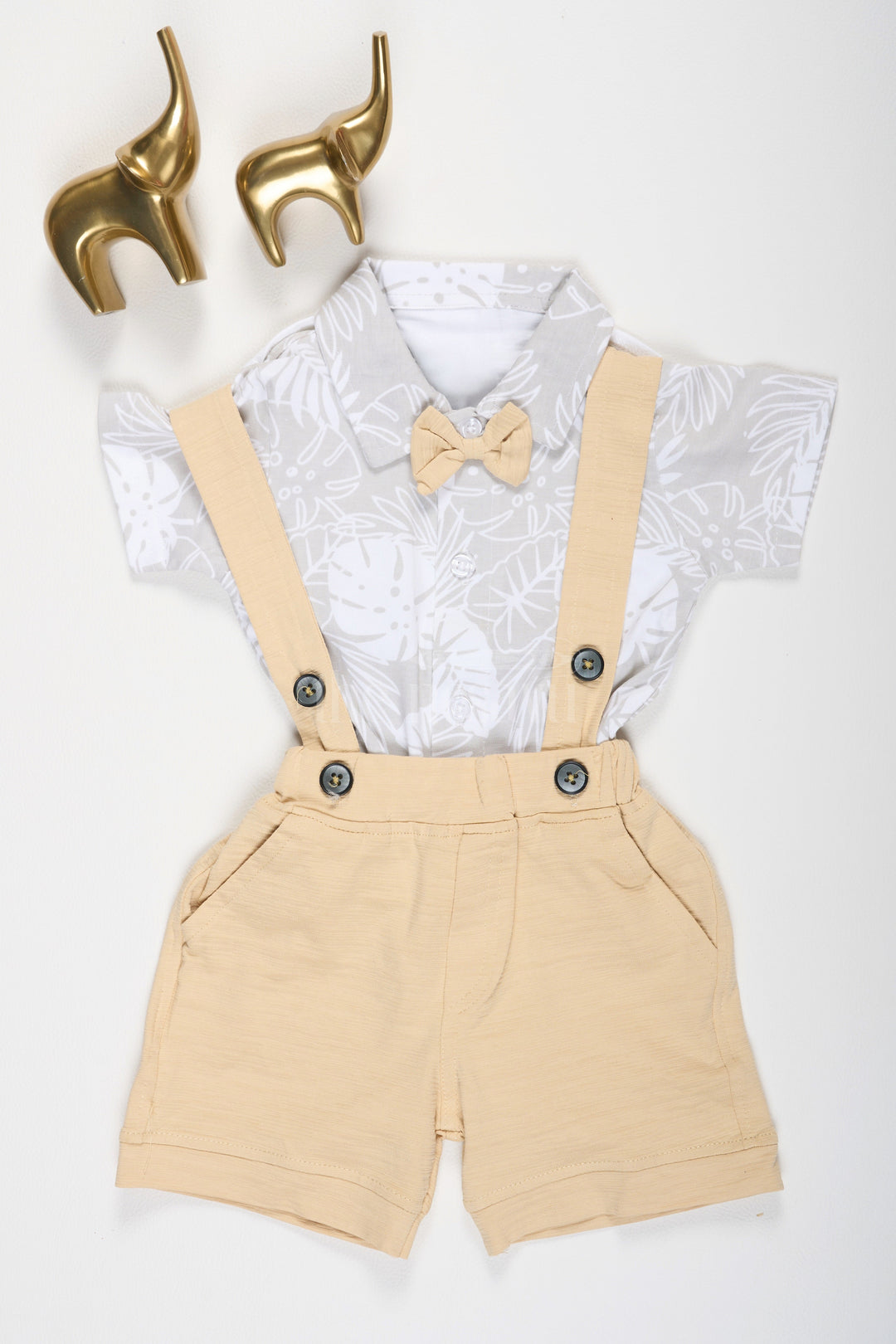 The Nesavu Baby Dungarees Beige Baby Suspender Set with Tropical Leaf Print Shirt and Bow Tie for Boys Nesavu 12 (3M) / Beige BCS142C-12 Beige Baby Suspender Set Matching Bow Tie Tropical Leaf Shirt Nesavu Boys Stylish Outfit