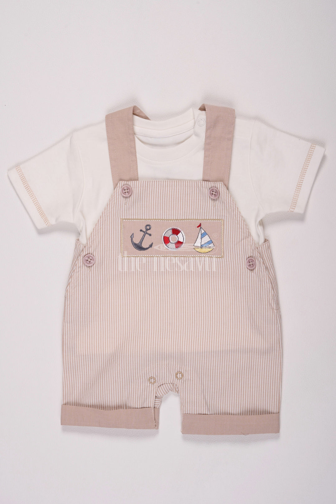 The Nesavu Boys Casual Set Beige Boys Pinstriped Romper with Sea Theme Nesavu 10 (NB) / Beige BCS101A-10 Beige Boys' Pinstriped Romper with Sea Theme - Nesavu