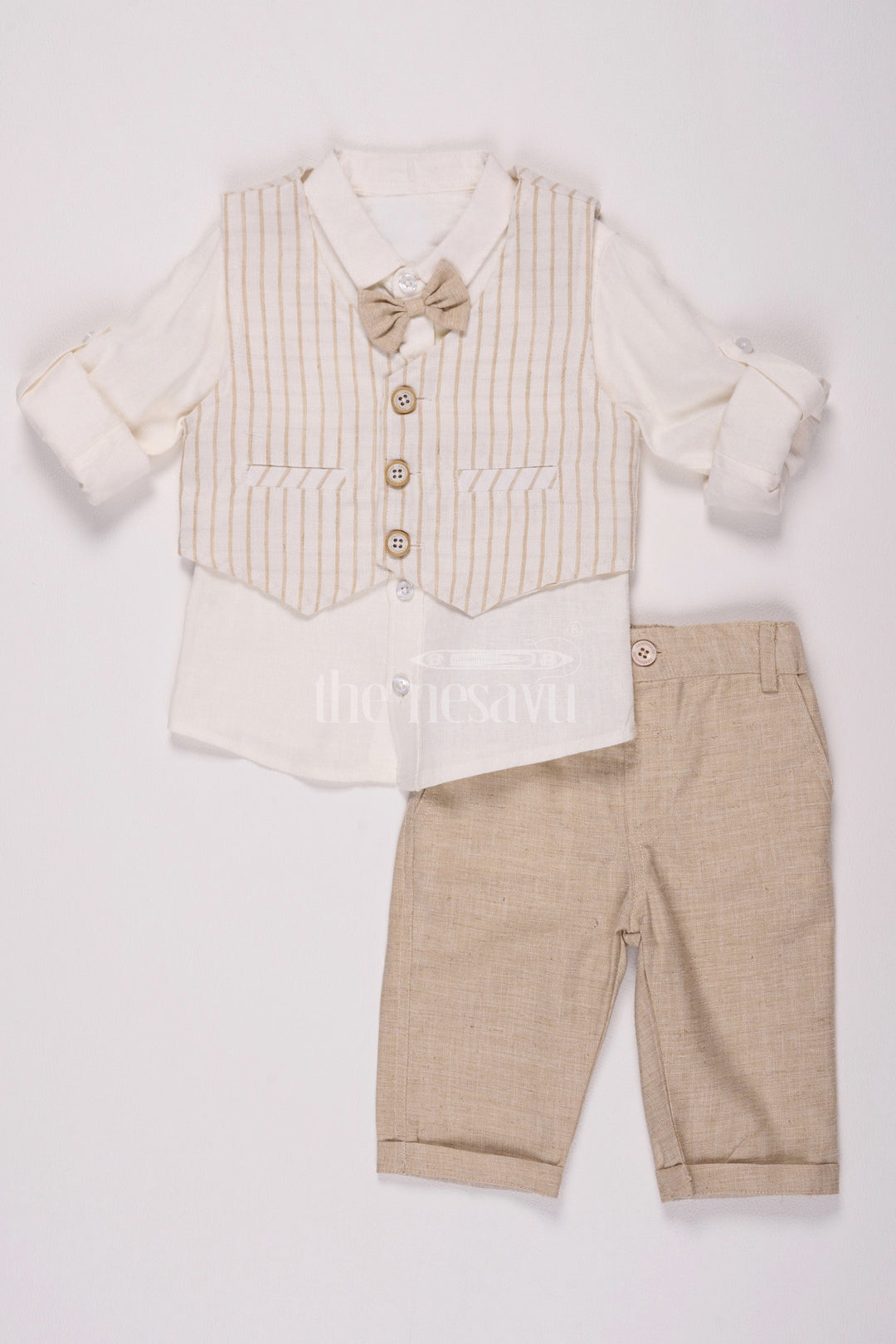 The Nesavu Boys Casual Set Beige Boys Waistcoat and Pant Set with Striped Shirt Nesavu 12 (3M) / Beige BCS097A-12 Beige Boys' Waistcoat and Pant Set with Striped Shirt - Nesavu