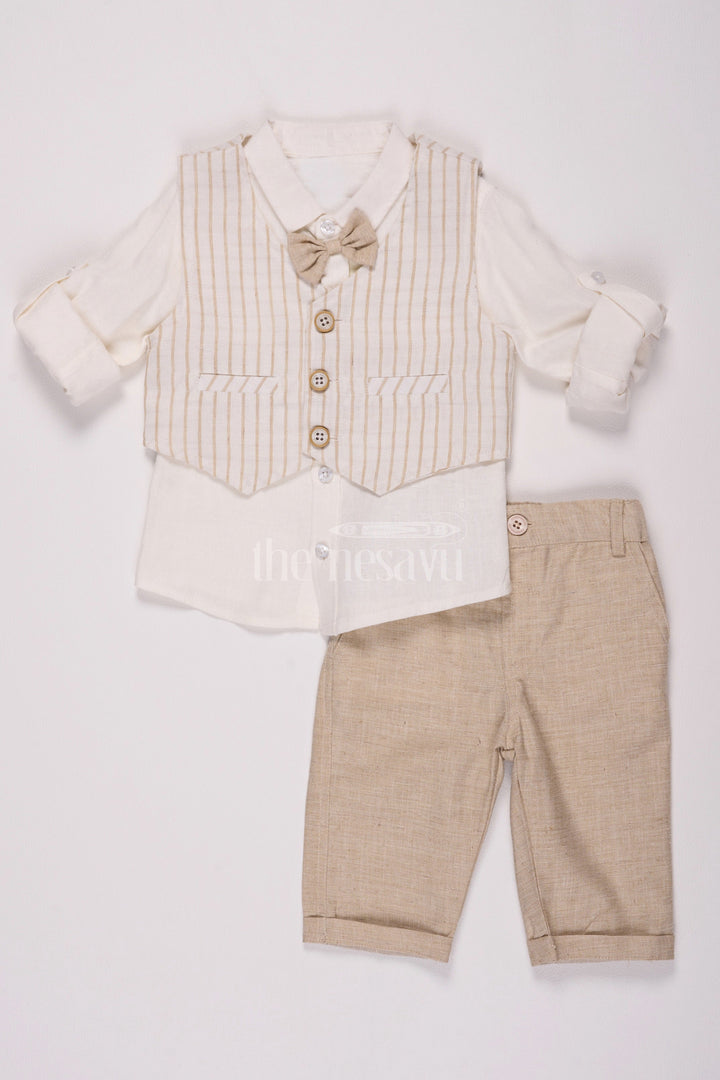 The Nesavu Boys Casual Set Beige Boys Waistcoat and Pant Set with Striped Shirt Nesavu 12 (3M) / Beige BCS097A-12 Beige Boys' Waistcoat and Pant Set with Striped Shirt - Nesavu