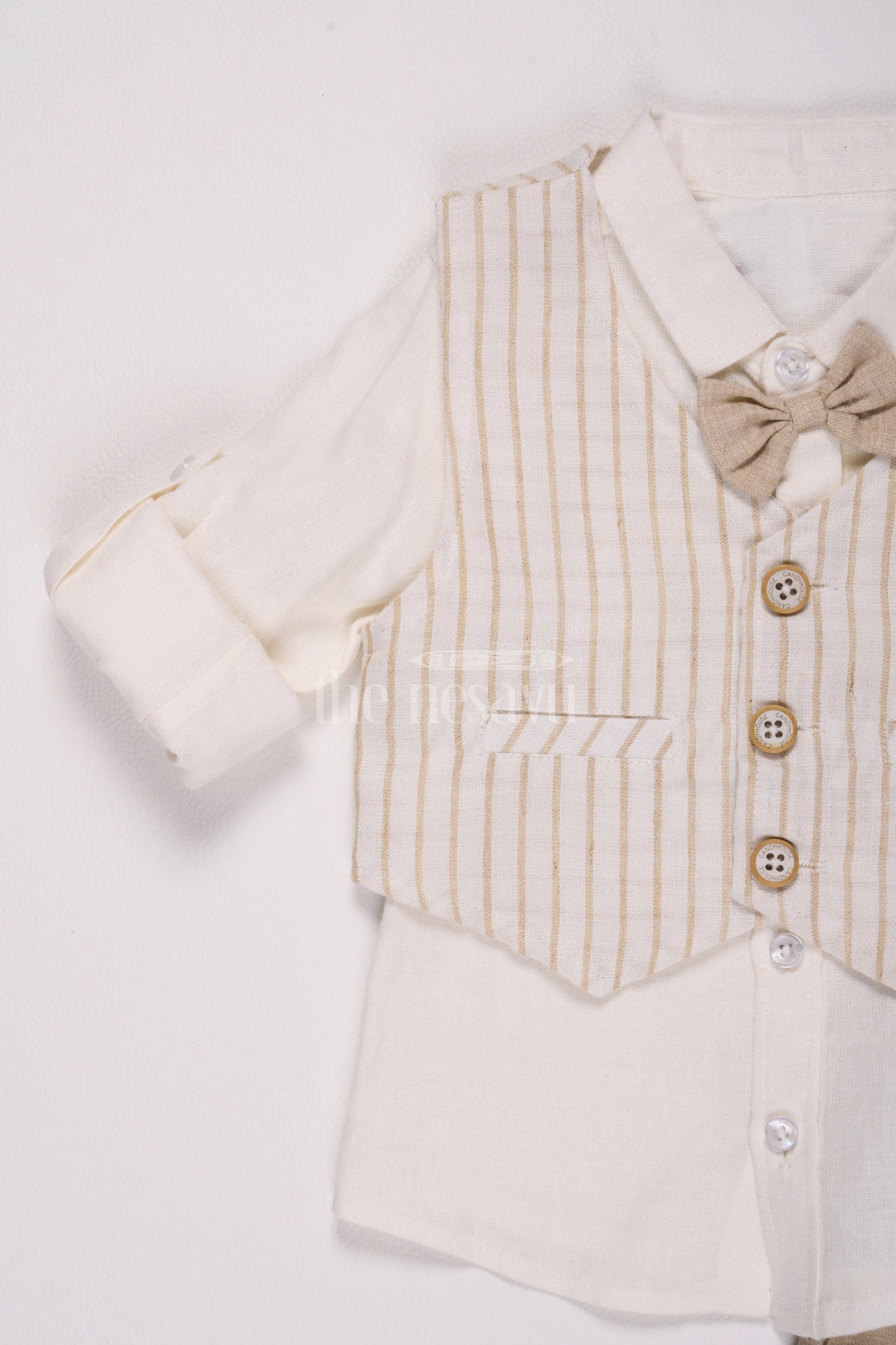 The Nesavu Boys Casual Set Beige Boys Waistcoat and Pant Set with Striped Shirt Nesavu Beige Boys' Waistcoat and Pant Set with Striped Shirt - Nesavu