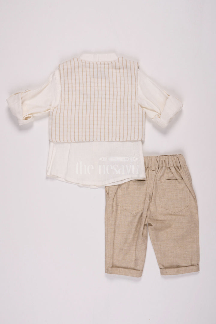 The Nesavu Boys Casual Set Beige Boys Waistcoat and Pant Set with Striped Shirt Nesavu Beige Boys' Waistcoat and Pant Set with Striped Shirt - Nesavu