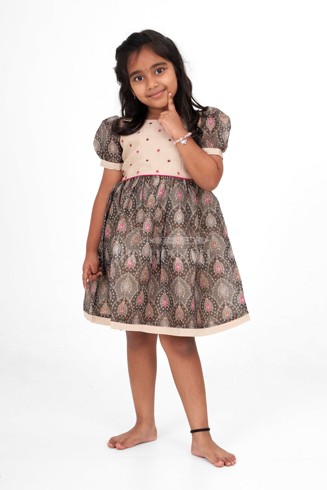 The Nesavu Girls Cotton Frock Beige Chanderi Printed Girls Cotton Frock with Floral Embroidery – Traditional Pattu Long Frock Nesavu 16 (1Y) / Beige GFC1439A-16 Beige Chanderi Printed Girls Cotton Frock Floral Embroidery Traditional Pattu Long Frock Nesavu