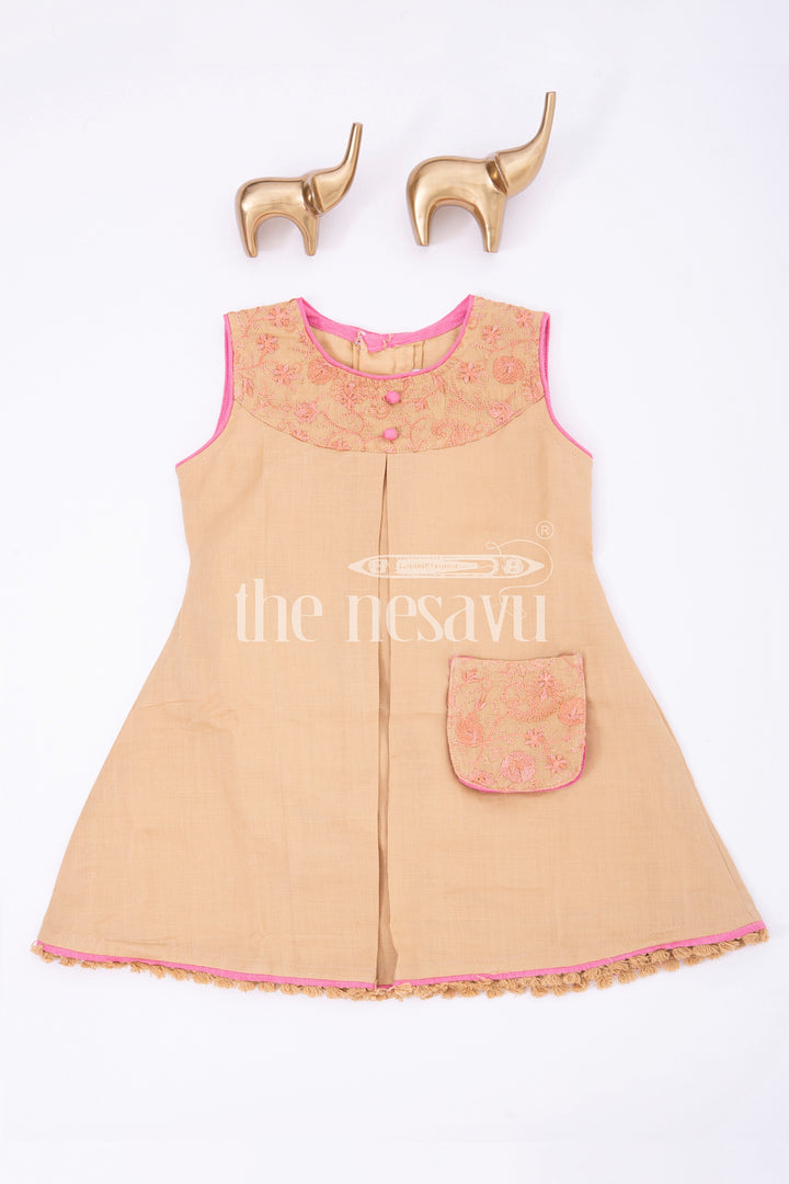 The Nesavu Baby Cotton Frocks Beige Designer Sleeveless Baby Frock with Embroidered Pocket Nesavu 14 (6M) / Brown BFJ583A-14 Beige Sleeveless Baby Frock with Embroidered Pocket