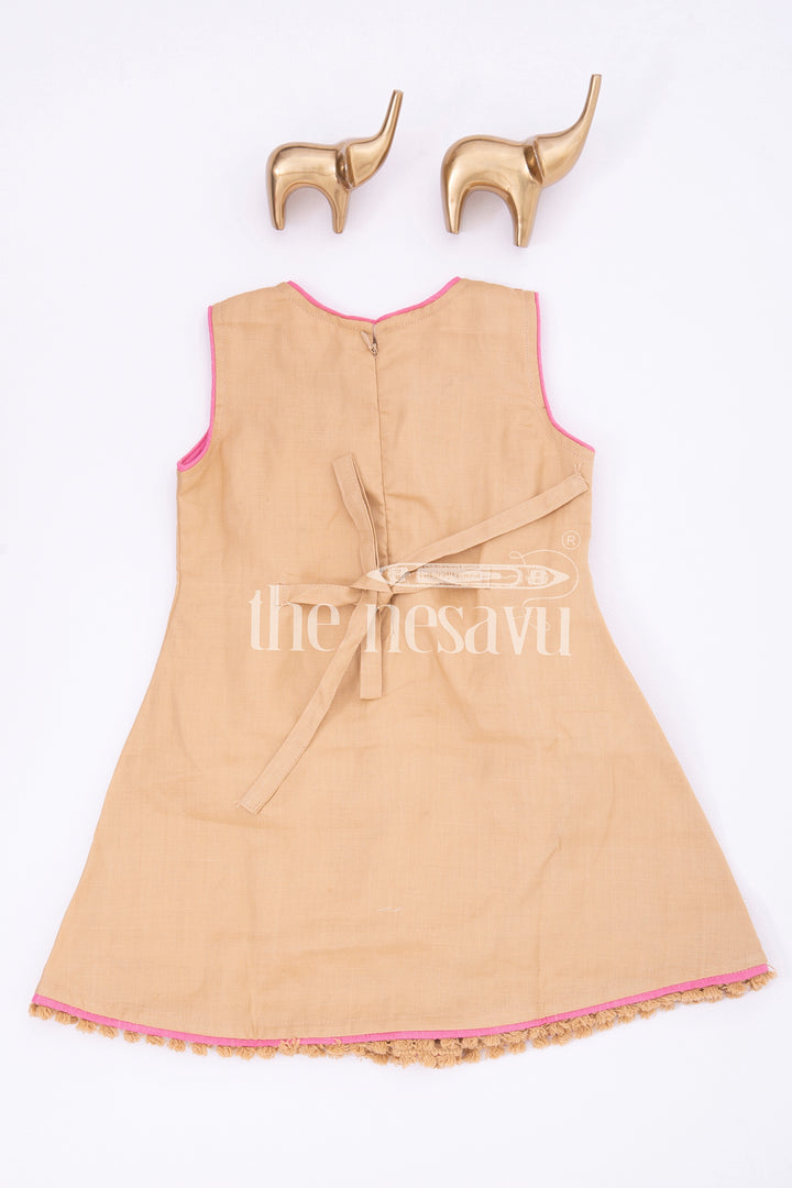 The Nesavu Baby Cotton Frocks Beige Designer Sleeveless Baby Frock with Embroidered Pocket Nesavu Beige Sleeveless Baby Frock with Embroidered Pocket