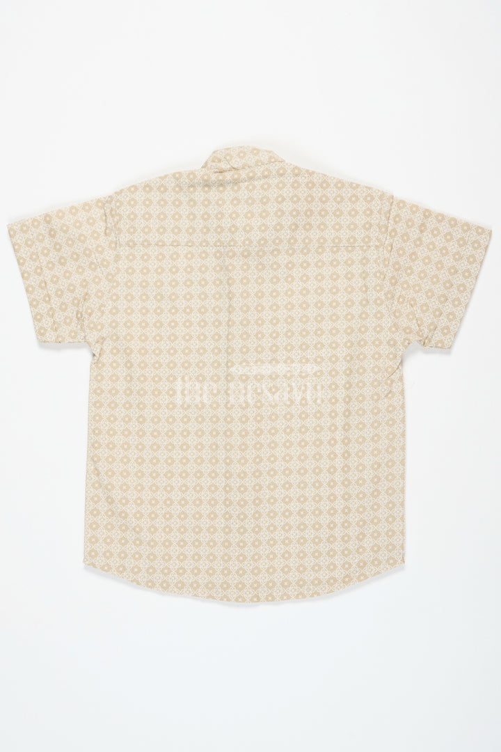 The Nesavu Boys Cotton Shirt Beige Festive Cotton Shirt for Boys with Geometric Print Half Sleeves Comfortable Fit Nesavu Beige Festive Boys Cotton Shirt Nesavu Geometric Print Half Sleeves Comfortable Wear Celebrations