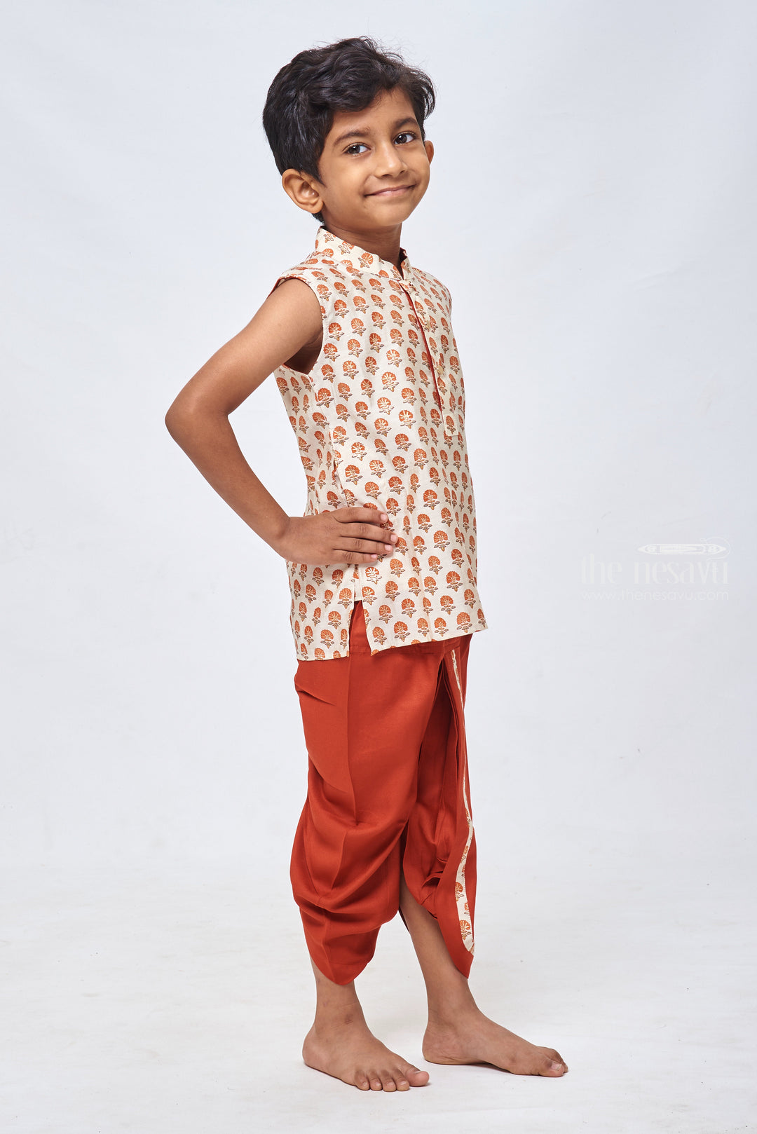 The Nesavu Boys Dothi Set Beige Floral Elegance: Delicate Kurta Matched with Vibrant Red Panchagajam for Boys Nesavu Children’s Ethnic Attire | | Boys Ethnic Kurta and Panchagajam Set | the Nesavu