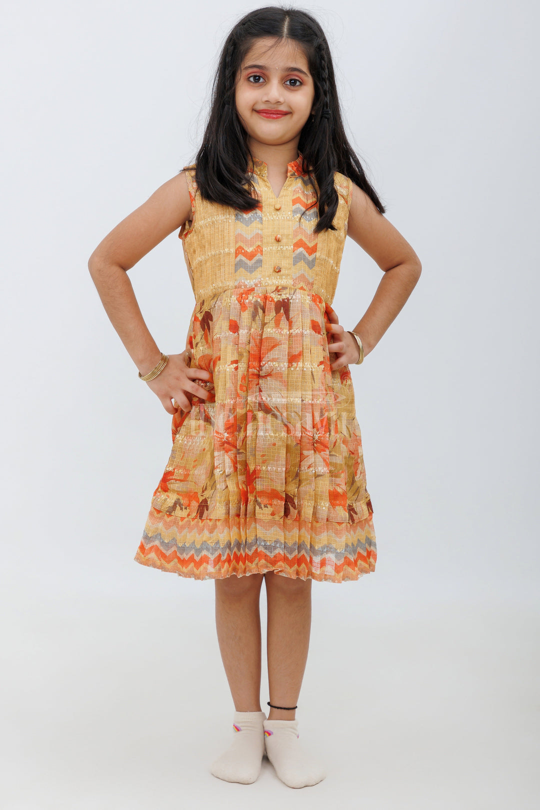 The Nesavu Girls Fancy Frock Beige Kota Blend Silk Frock with Floral and Geometric Print Nesavu Beige Kota Blend Silk Frock with Floral and Geometric Print - Nesavu