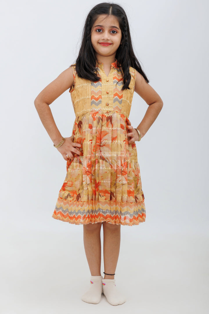 The Nesavu Girls Fancy Frock Beige Kota Blend Silk Frock with Floral and Geometric Print Nesavu Beige Kota Blend Silk Frock with Floral and Geometric Print - Nesavu