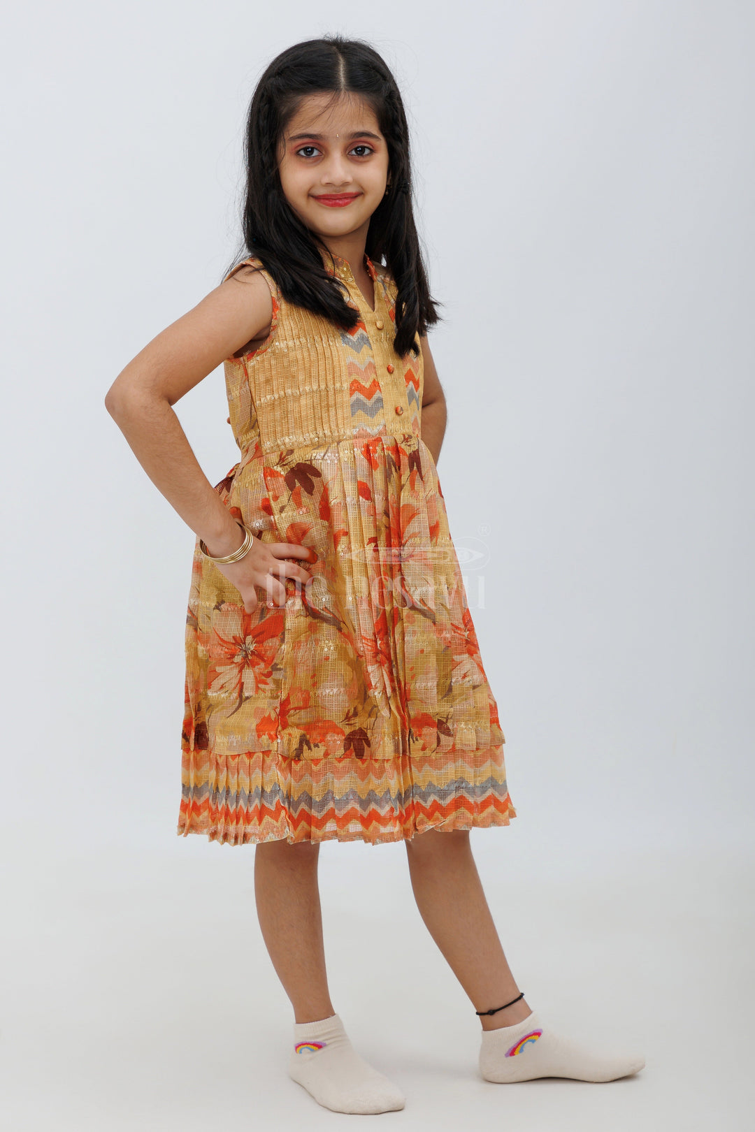 The Nesavu Girls Fancy Frock Beige Kota Blend Silk Frock with Floral and Geometric Print Nesavu Beige Kota Blend Silk Frock with Floral and Geometric Print - Nesavu