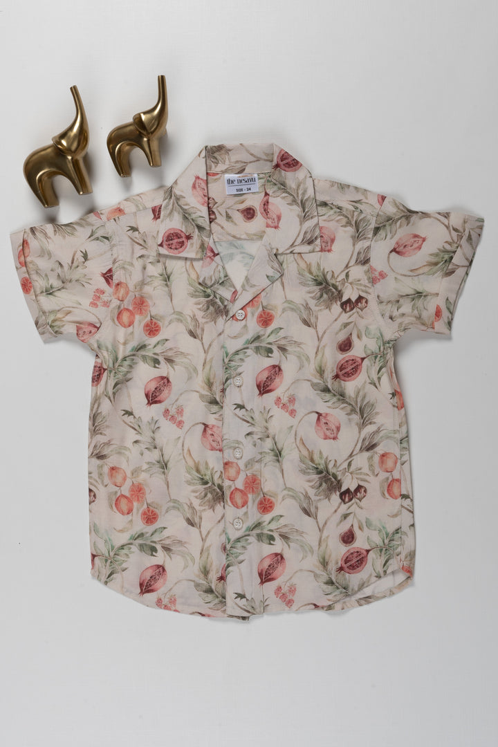 The Nesavu Boys Cotton Shirt Beige Pomegranate Watercolor Print Shirt - Perfect for Casual, Beach, and Party Wear Nesavu 16 (1Y) / Half white / Chanderi BS164A-16 Beige Pomegranate Watercolor Print Shirt - Casual, Beach, and Party Wear for Kids