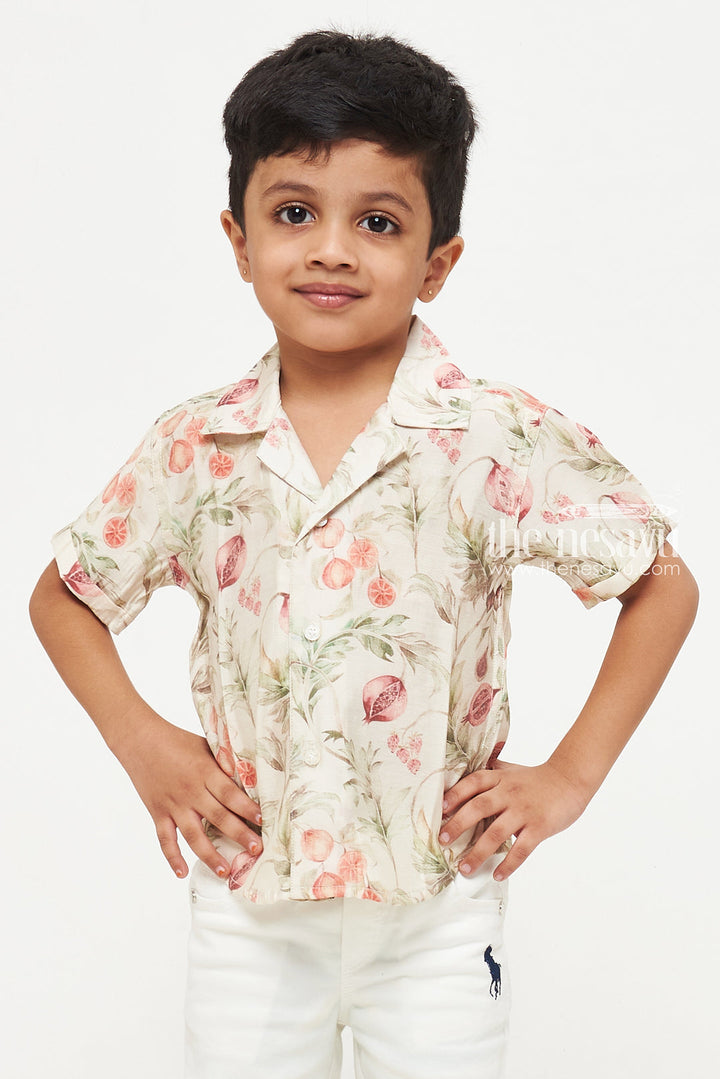 The Nesavu Boys Cotton Shirt Beige Pomegranate Watercolor Print Shirt - Perfect for Casual, Beach, and Party Wear Nesavu Beige Pomegranate Watercolor Print Shirt - Casual, Beach, and Party Wear for Kids